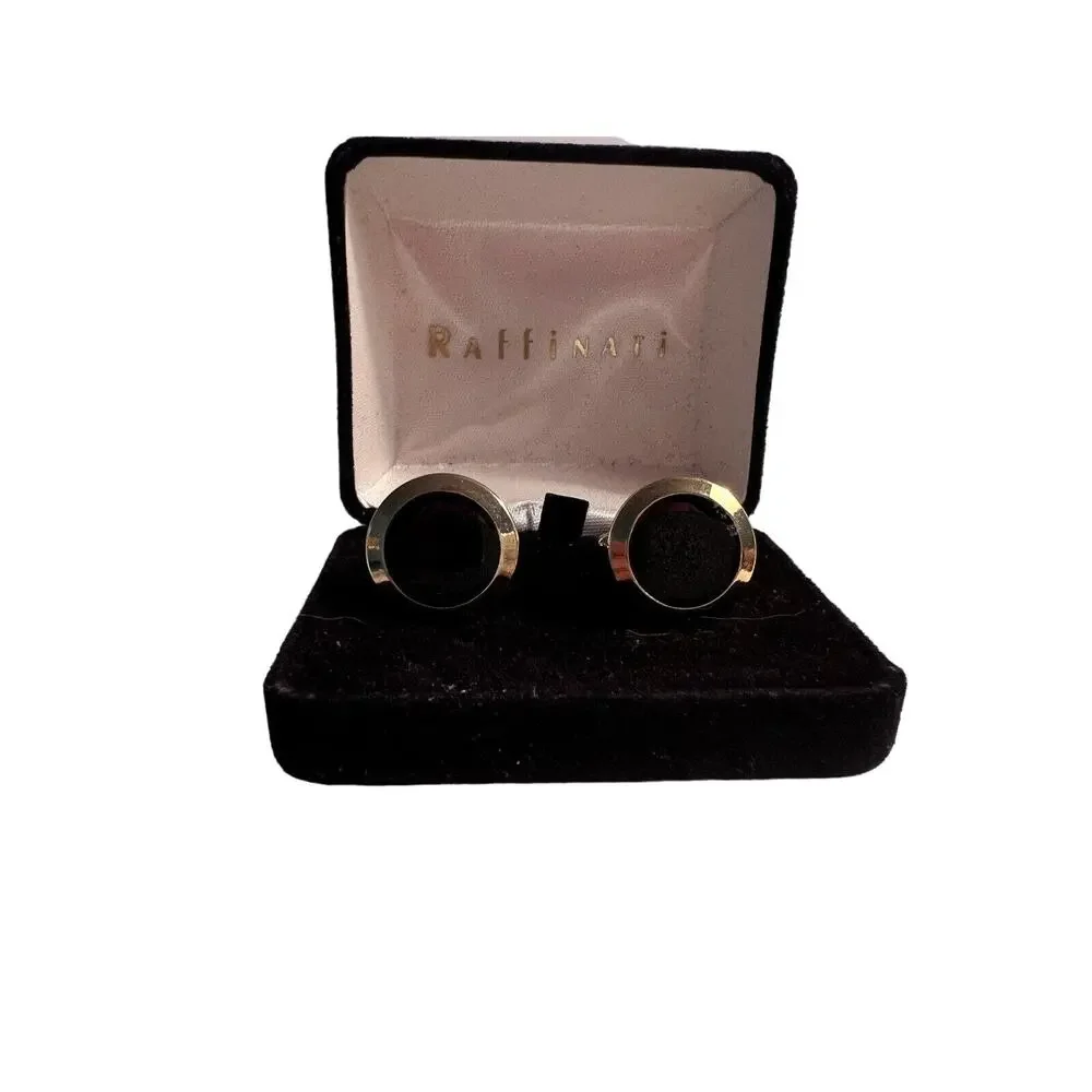 VTG RAFFINATI CUFF LINKS CUFFLINKS BLACK ONYX W/ GOLD PLATED TRIM MEN DRESSY